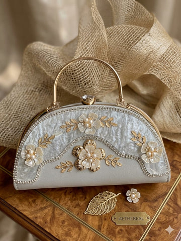 Aethereal Pearl Blossom Mother-of-Pearl Floral Embellished Top Handle Party Clutch