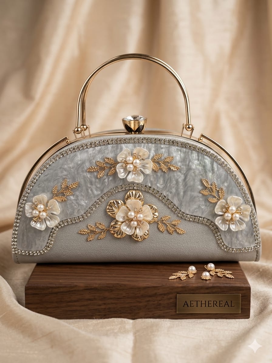 Aethereal Pearl Blossom Mother-of-Pearl Floral Embellished Top Handle Party Clutch